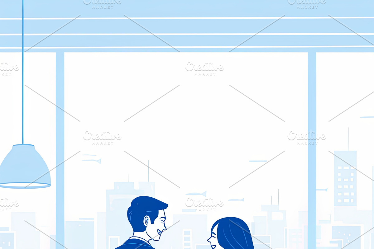 Two office professionals engaged in friendly discussion in a modern workplace, an Illustration by AS photostudio