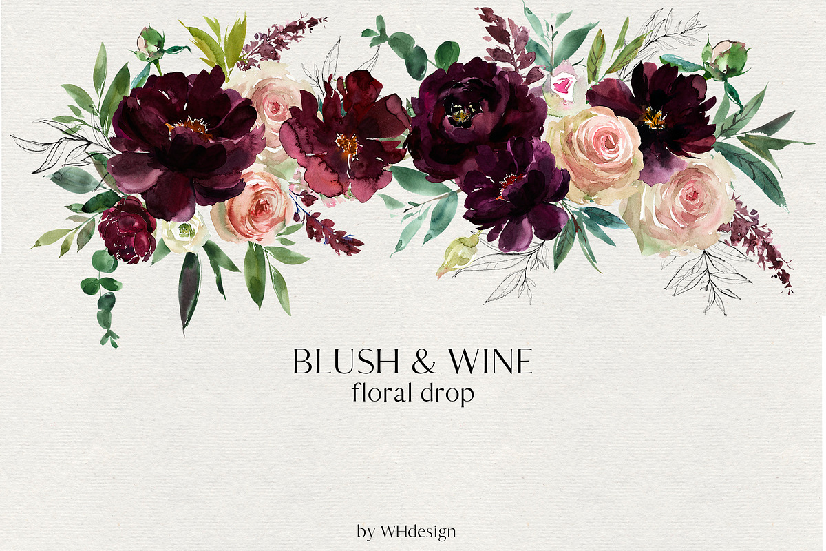 Blush & Wine Watercolor Flowers PNG, a Decorative Illustration by whiteheartdesign (Photo 5 of 10)