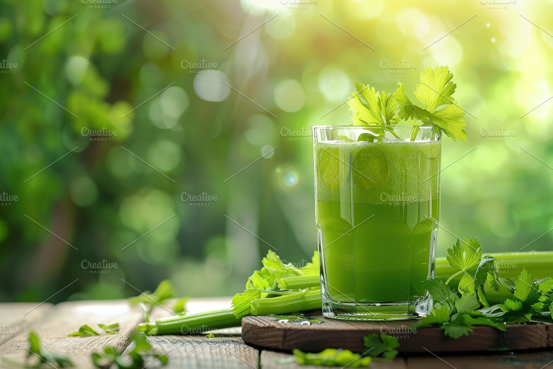Fresh celery juice in glass on blurred green background, a Food & Drink Photo by AlyaAnd