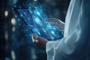 Scientist using futuristic tablet di, a Health & Medical Photo by Pixeness Studio