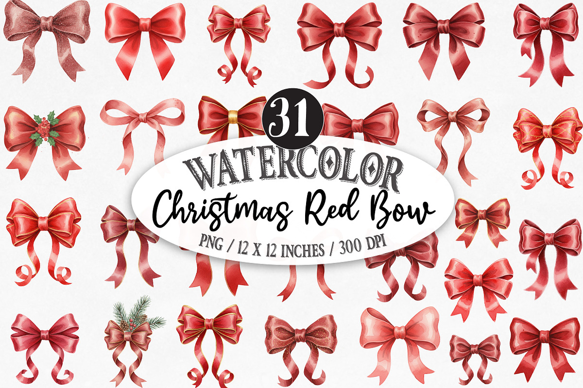 Vintage Christmas Red Bow Bundle, an Illustration by Designking (Photo 1 of 5)