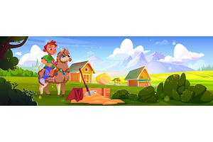 Boy rides llama in country village, a Person Illustration by art PVP - market