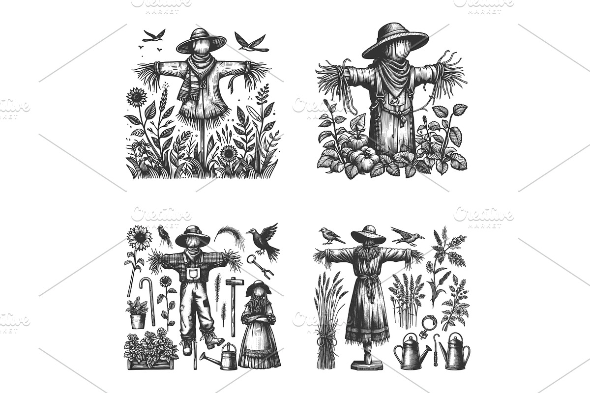 Scarecrow engraving set vector, an Illustration by AlexArt