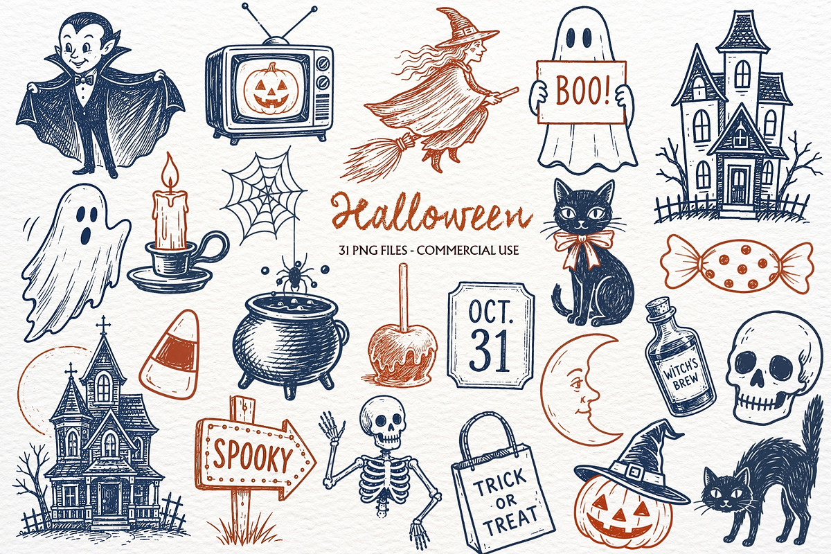 Vintage Halloween Clipart PNG Doodle, a Seasonal Illustration by SugarCloudStudioArt (Photo 1 of 6)