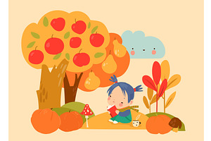 Cute girl reading book under apple, a Person Illustration by Maria Starus