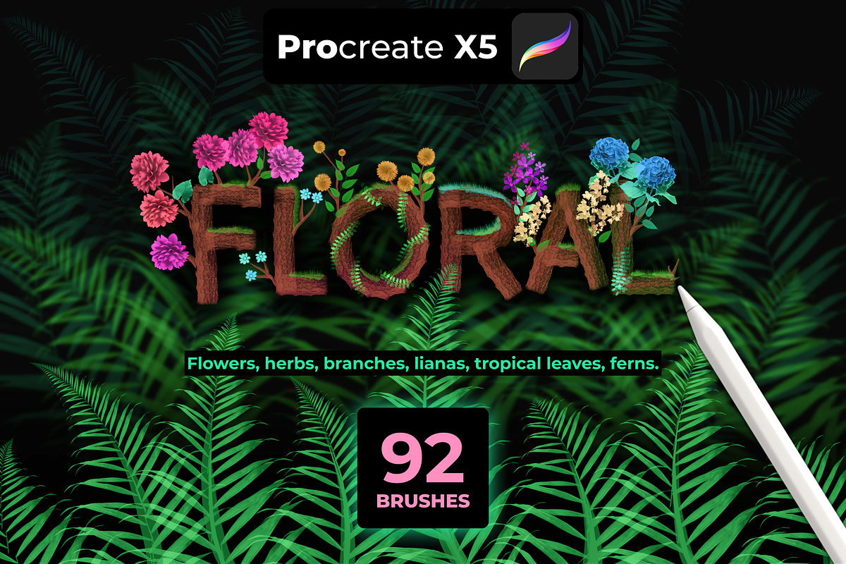 92 FLORAL brushes for PROCREATE X5, a Brush Add-On by Graphics Resources (Photo 3 of 15)