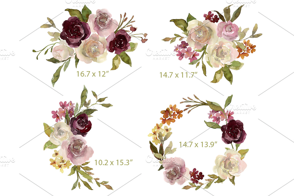 Watercolor Pink & Burgundy Flowers, an Illustration by GraphicsDish (Photo 3 of 5)