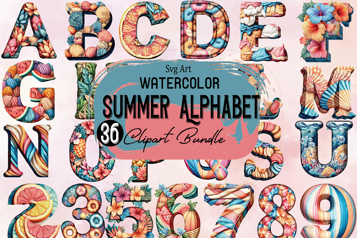 Watercolor Summer Alphabet Clipart, an Illustration by SVGArt (Photo 1 of 9)