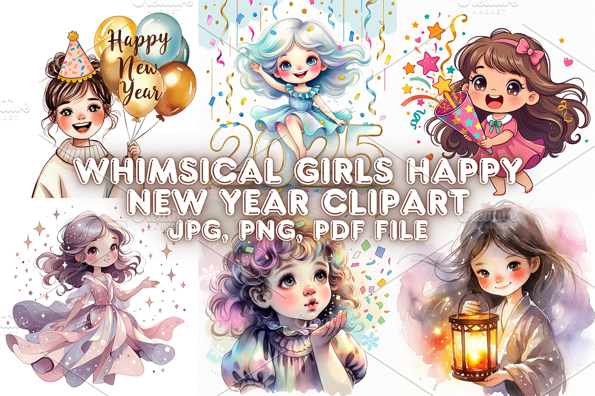 Whimsical Girl Happy NewYear clipart, a Seasonal Illustration by Creative design (Photo 1 of 7)