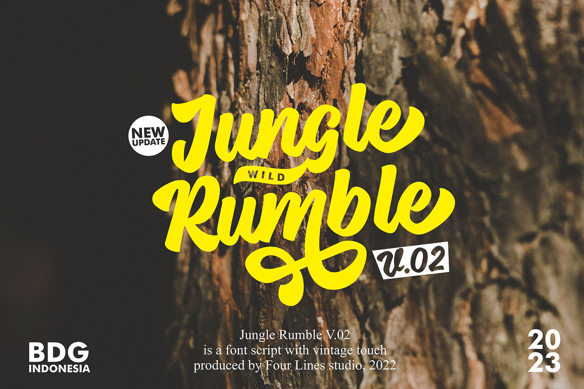Jungle Rumble - Retro script Font, a Script Font by Four Lines Std. (Photo 1 of 11)