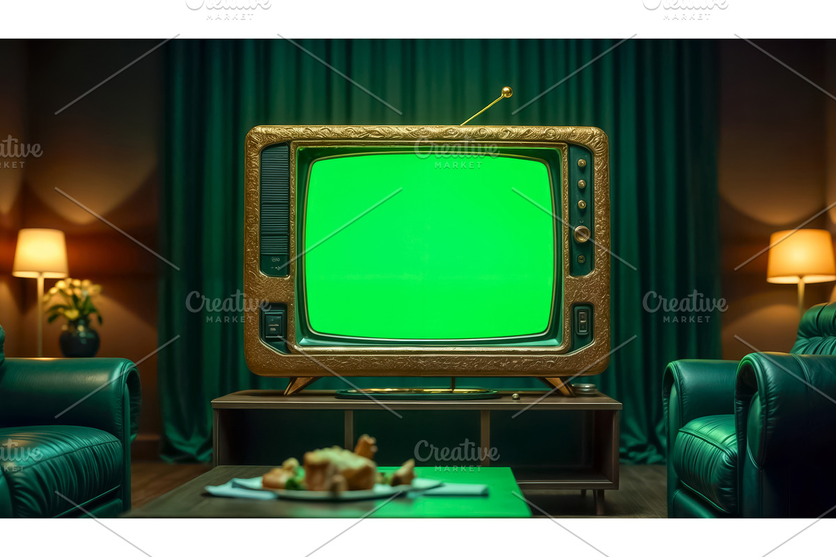 A dark room with only a green screen, a Graphic by TatsianaSalauyova