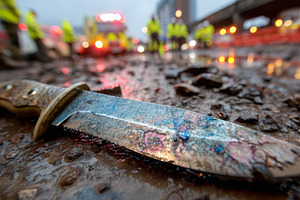 Rusty combat knife on a wet urban crime scene with emergency responders and pol, a Photo by AS photostudio