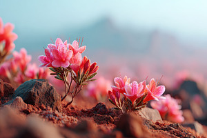 Pink Flowers with Dew on Rocky Red Soil, a Nature Photo by AlyaAnd