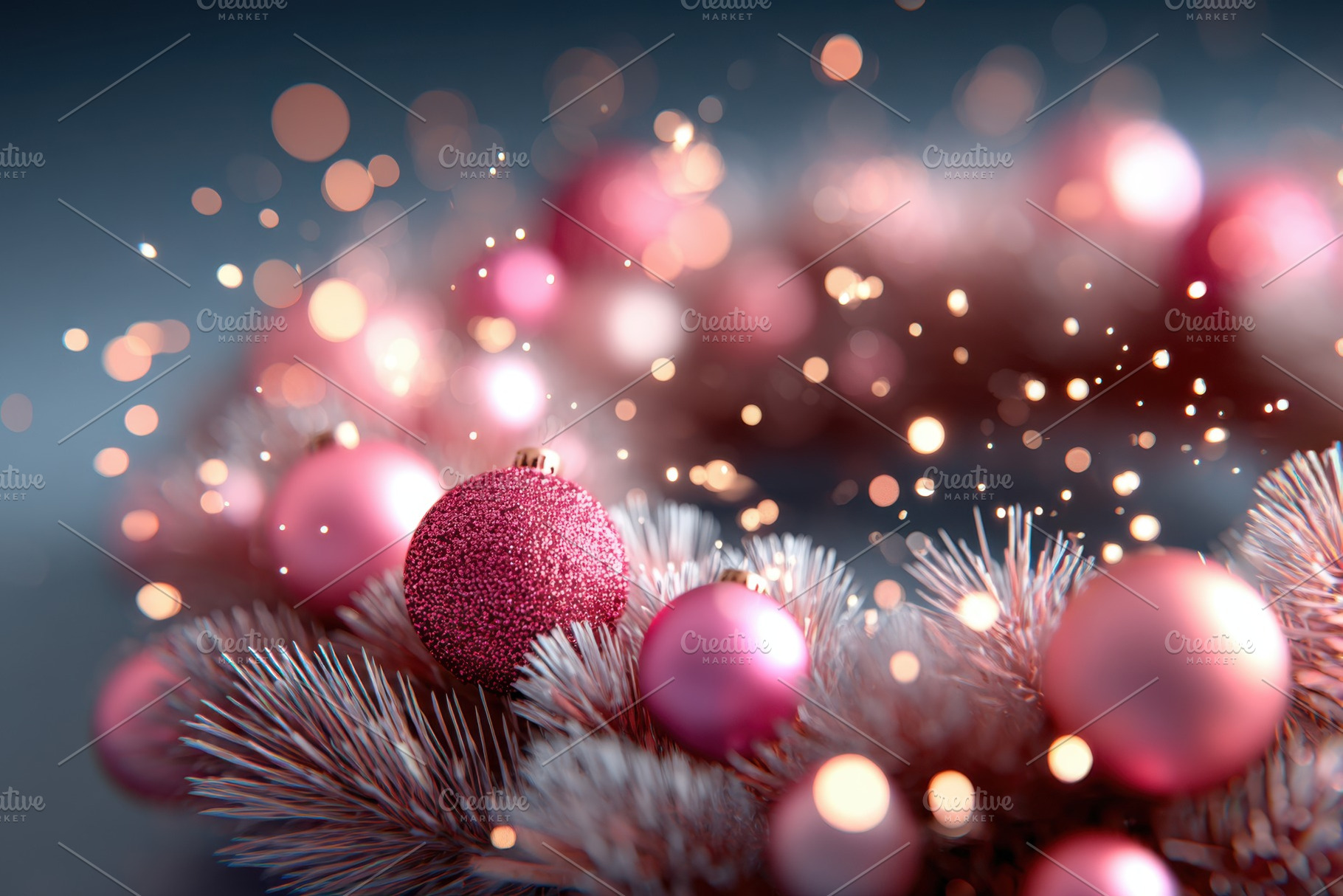 Festive pink Christmas wreath with sparkling ornaments, a Holiday Photo by AlyaAnd