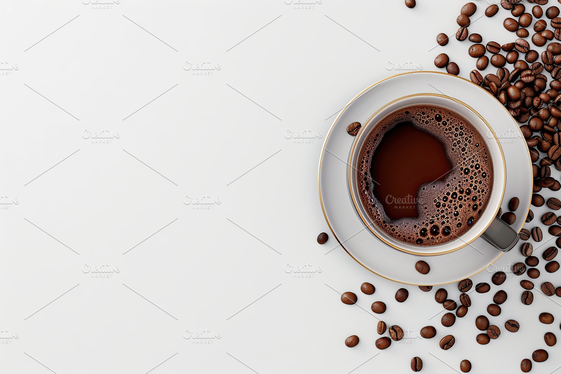Flat lay of cup of coffee and coffee beans on white background, a Food & Drink Photo by AlyaAnd