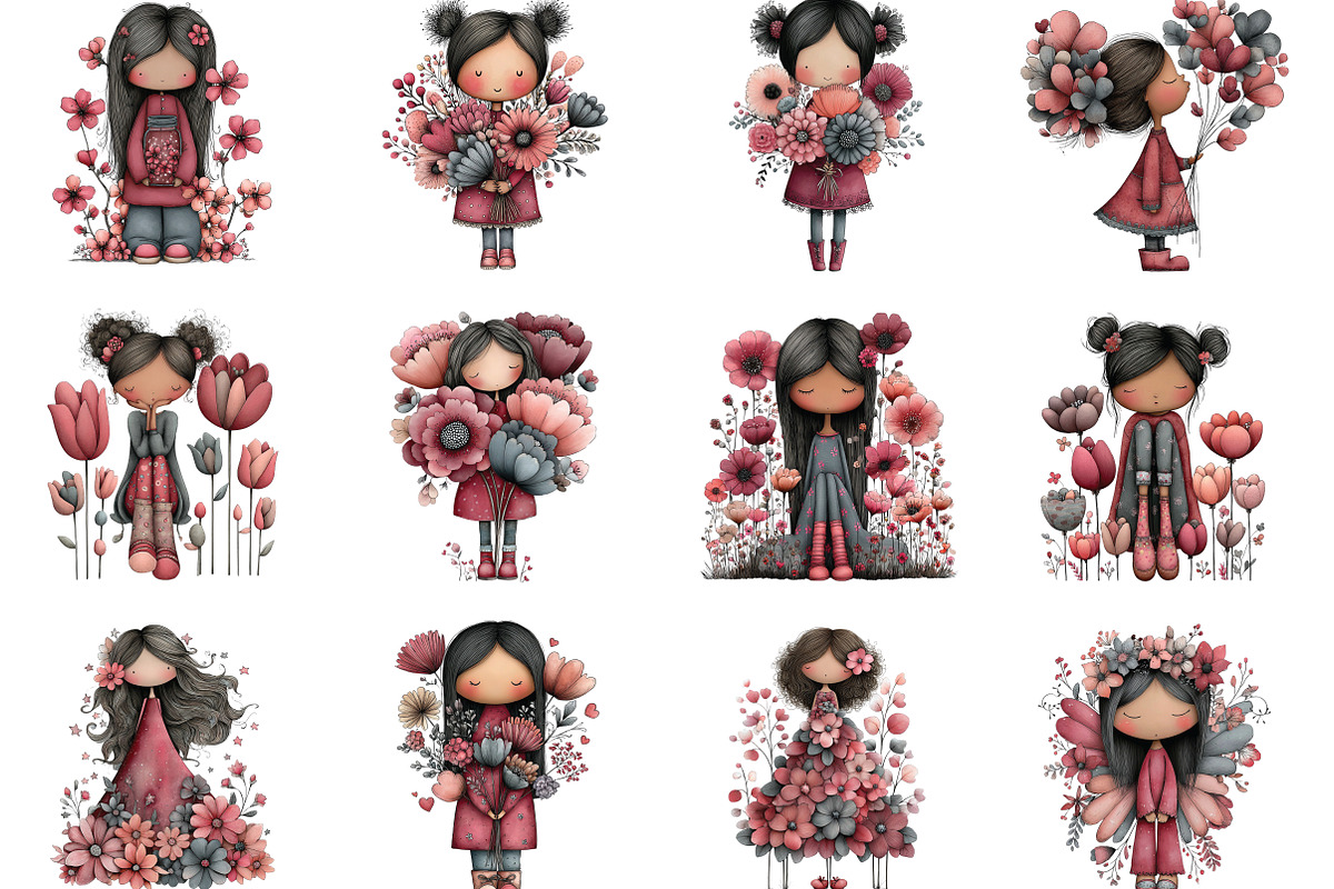 Whimsical Flowers and Girls Big Clip, an Illustration by CraftArtStudio (Photo 2 of 6)