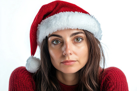 Cute young woman in christmas sweater and santa hat, a Holiday Photo by AlyaAnd