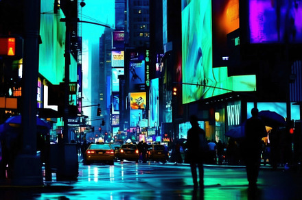 A vibrant night scene in Times Square, New York City, featuring bright neon adv, an Arts & Entertainment Photo by Textures & Backgrounds