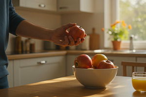 Person holding a fresh apple in a su, a Food & Drink Photo by professorinc