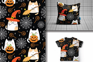 Seamless Pattern Cute Halloween Cat