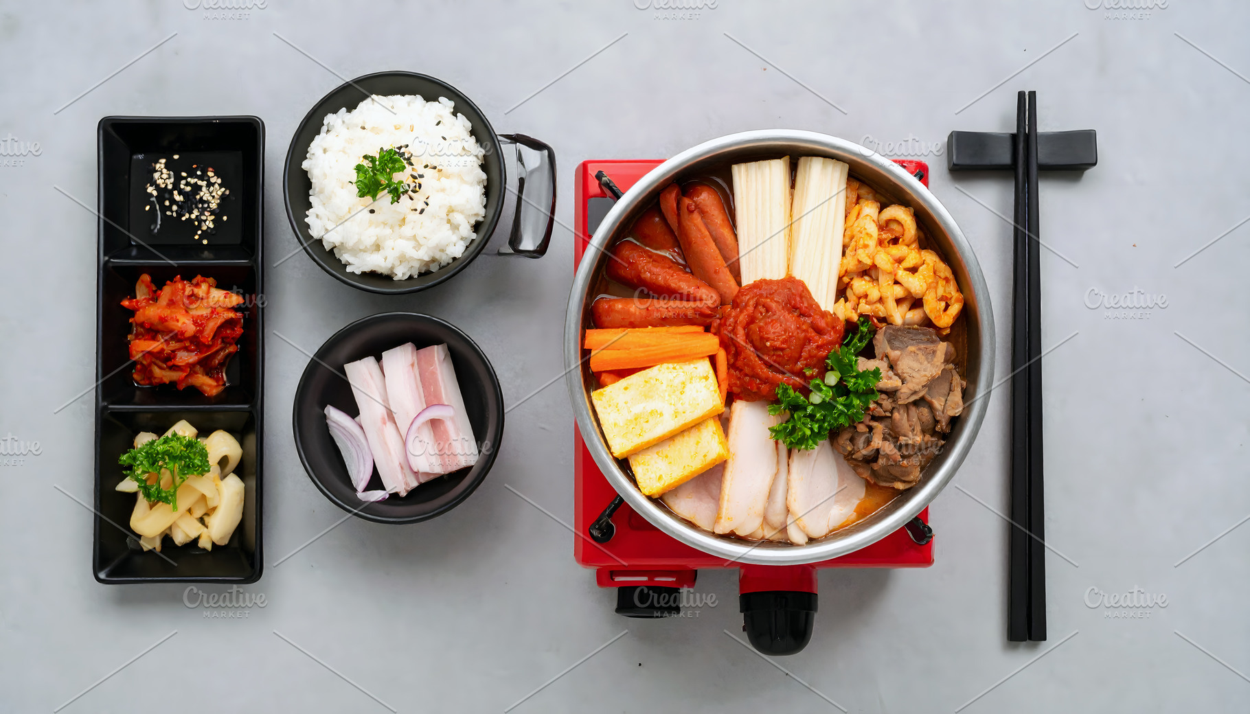 Korean Food Budae Jjigae Hot Pot, a Food & Drink Photo by Stock Shape