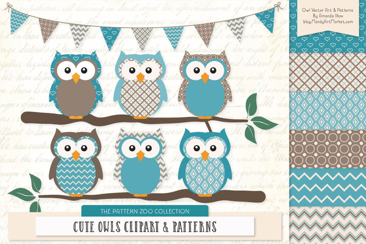Vintage Blue Owl Clipart & Patterns, an Animal Illustration by Amanda Ilkov (Photo 1 of 4)