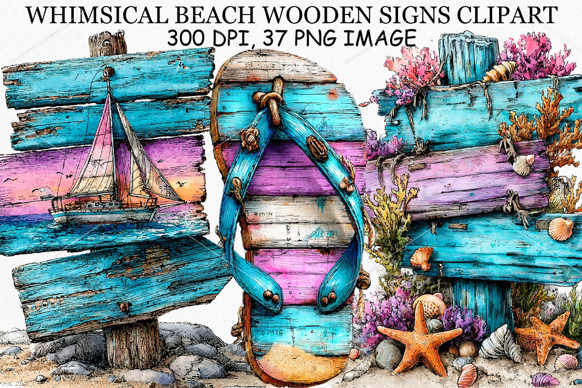 Whimsical Beach Wooden Signs Clipart, an Illustration by Canvas Craft (Photo 1 of 6)