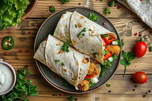 Tortilla wrap with chicken and fresh vegetables in plate on wooden table, a Food & Drink Photo by AlyaAnd