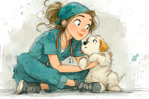 Caring female veterinarian in scrubs comforting cute puppy gentl, an Animal Photo by José Manuel Gelpi