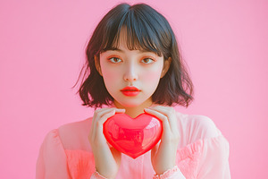 Happy young woman holds in hands paper heart, a Person Photo by AlyaAnd