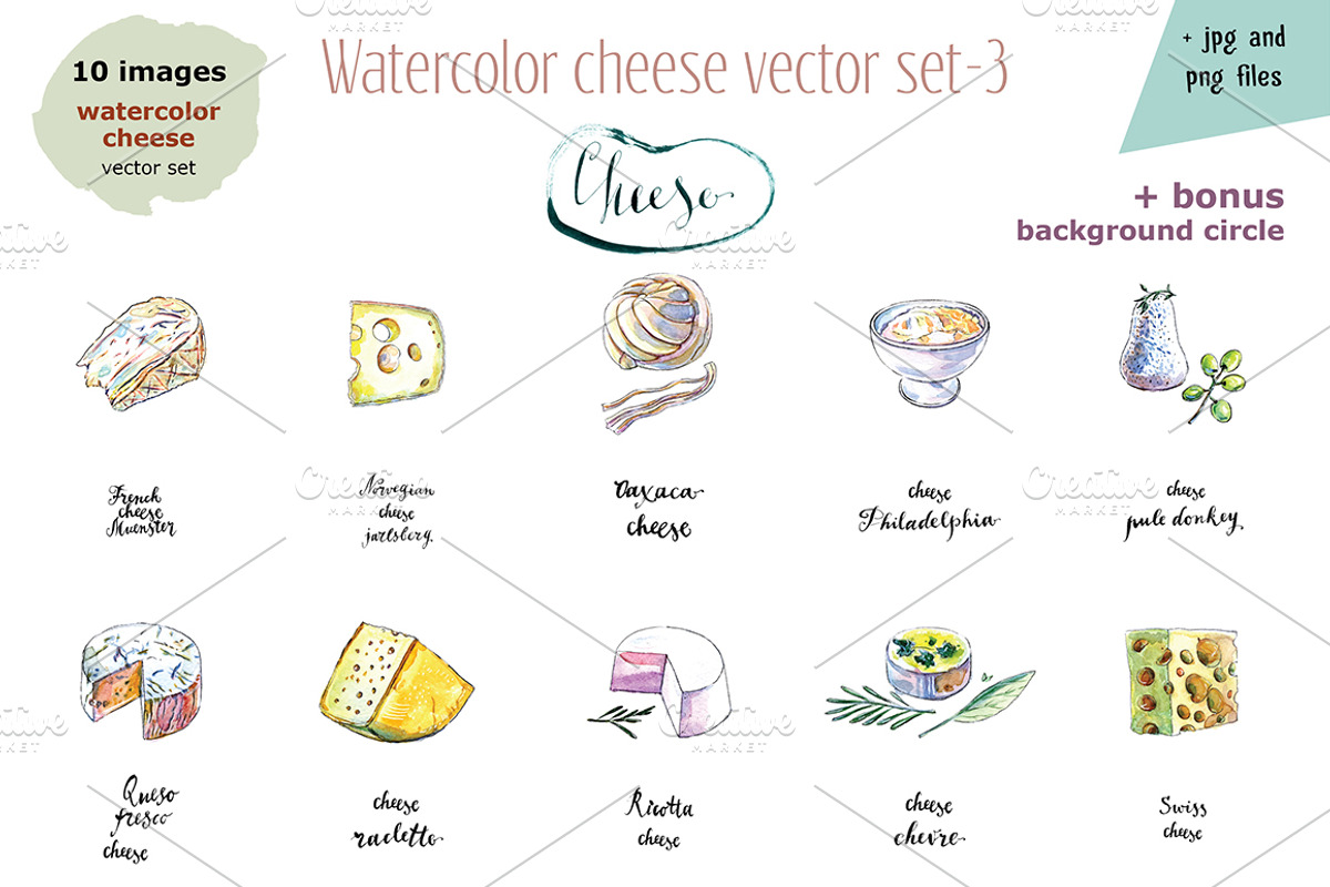 Watercolor cheese set-3, a Food Illustration by miminoshka (Photo 5 of 7)