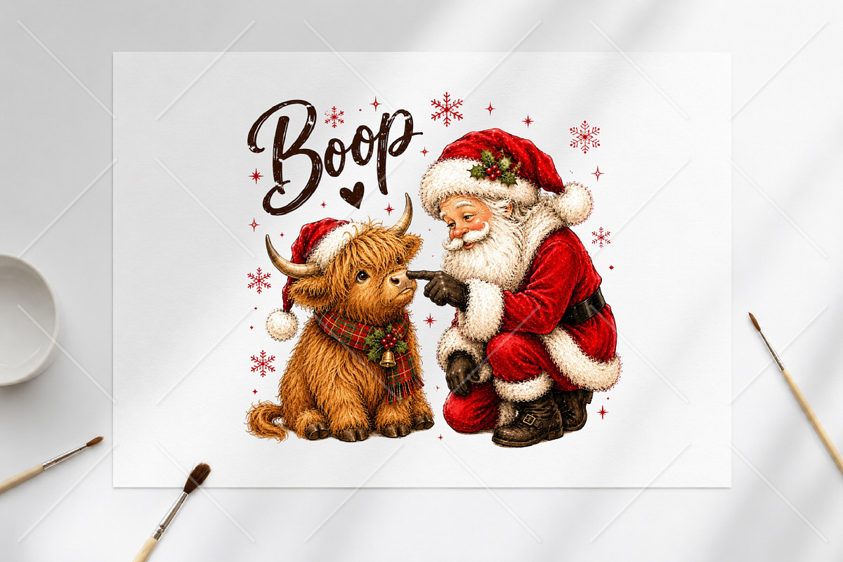 Christmas Santa Boop Highland Cow, a Seasonal Illustration by Canvas Craft (Photo 6 of 6)