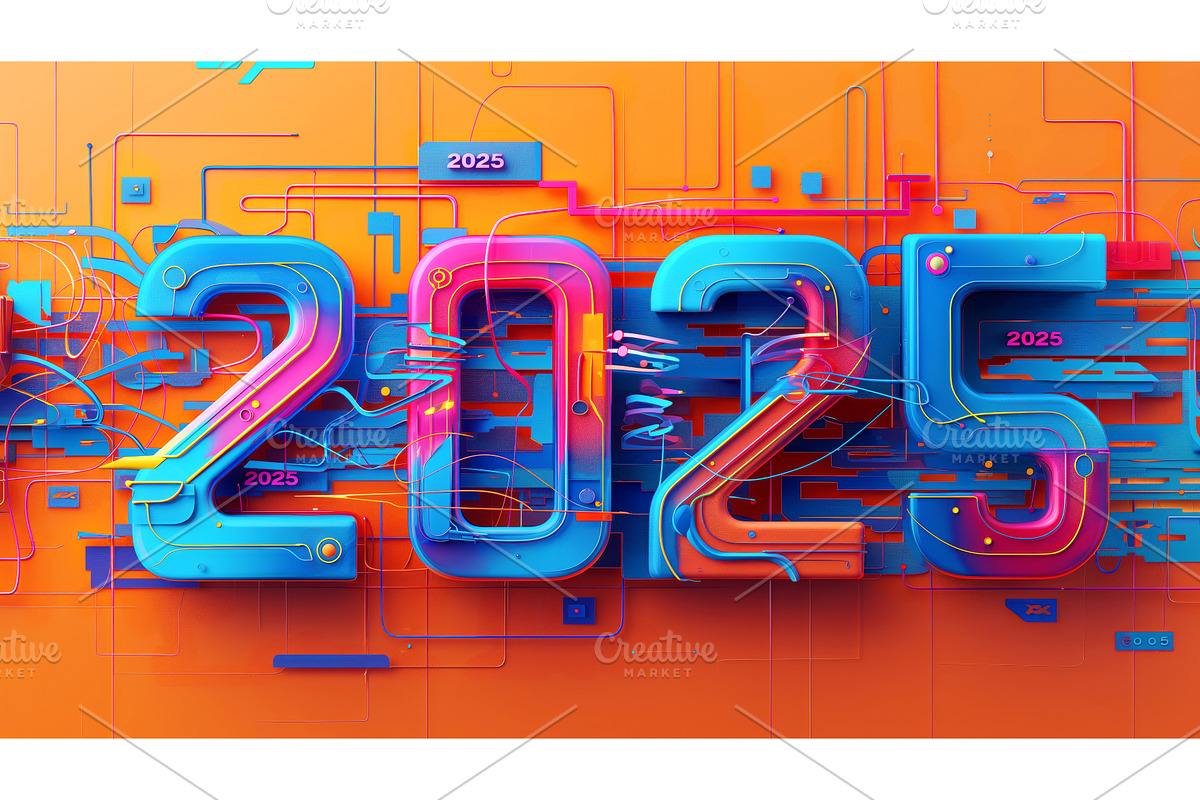 Futuristic, colorful '2025' text in, an Illustration by Sergey Kotenev