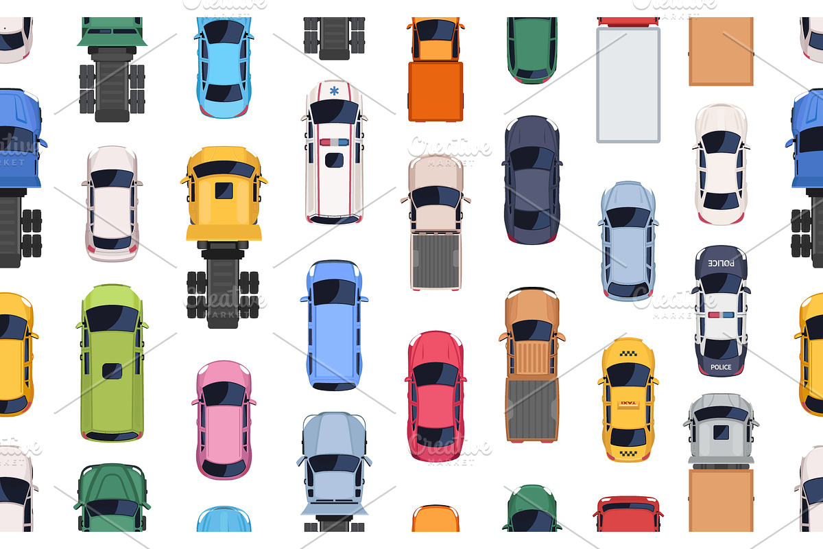 Seamless pattern with cars and truck, a Pattern Graphic by Yayasya