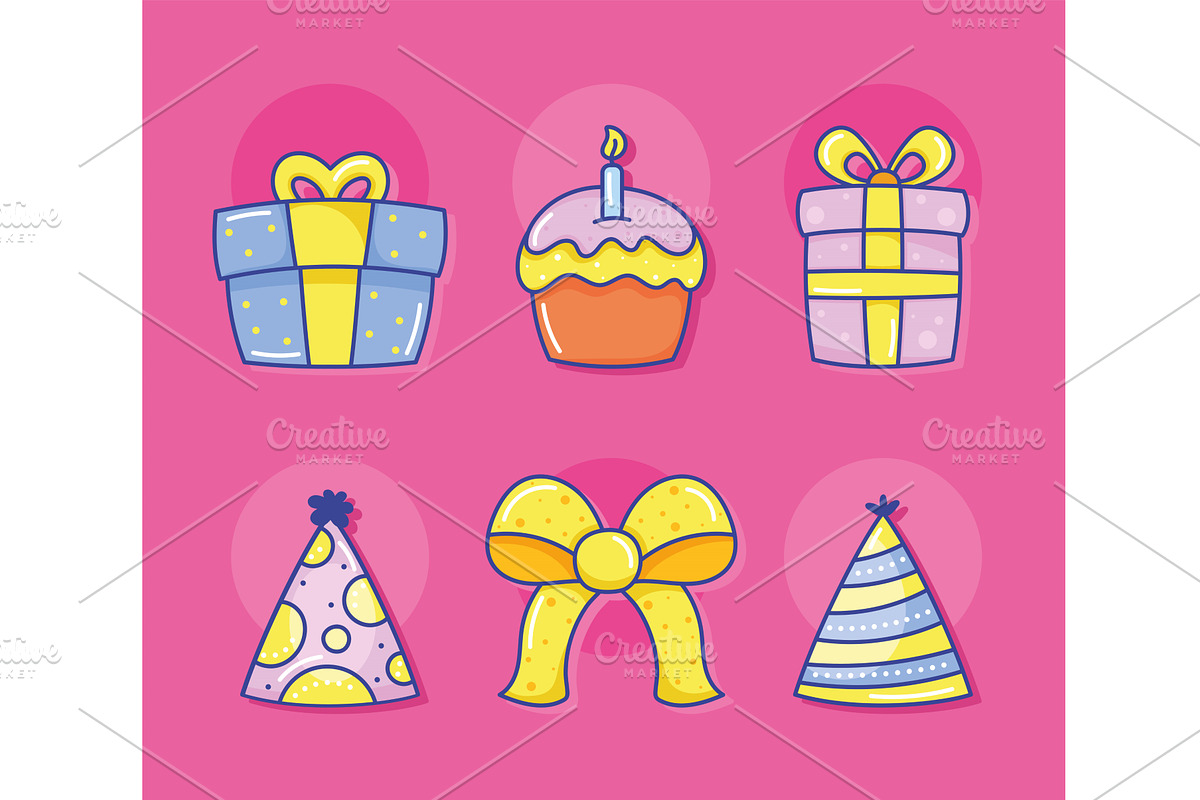 six birthday party icons, an Illustration by studiogstock