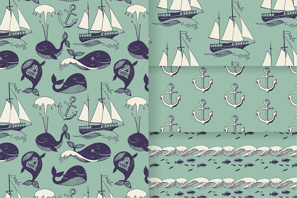 Set Of Sea Patterns With Funny Whale