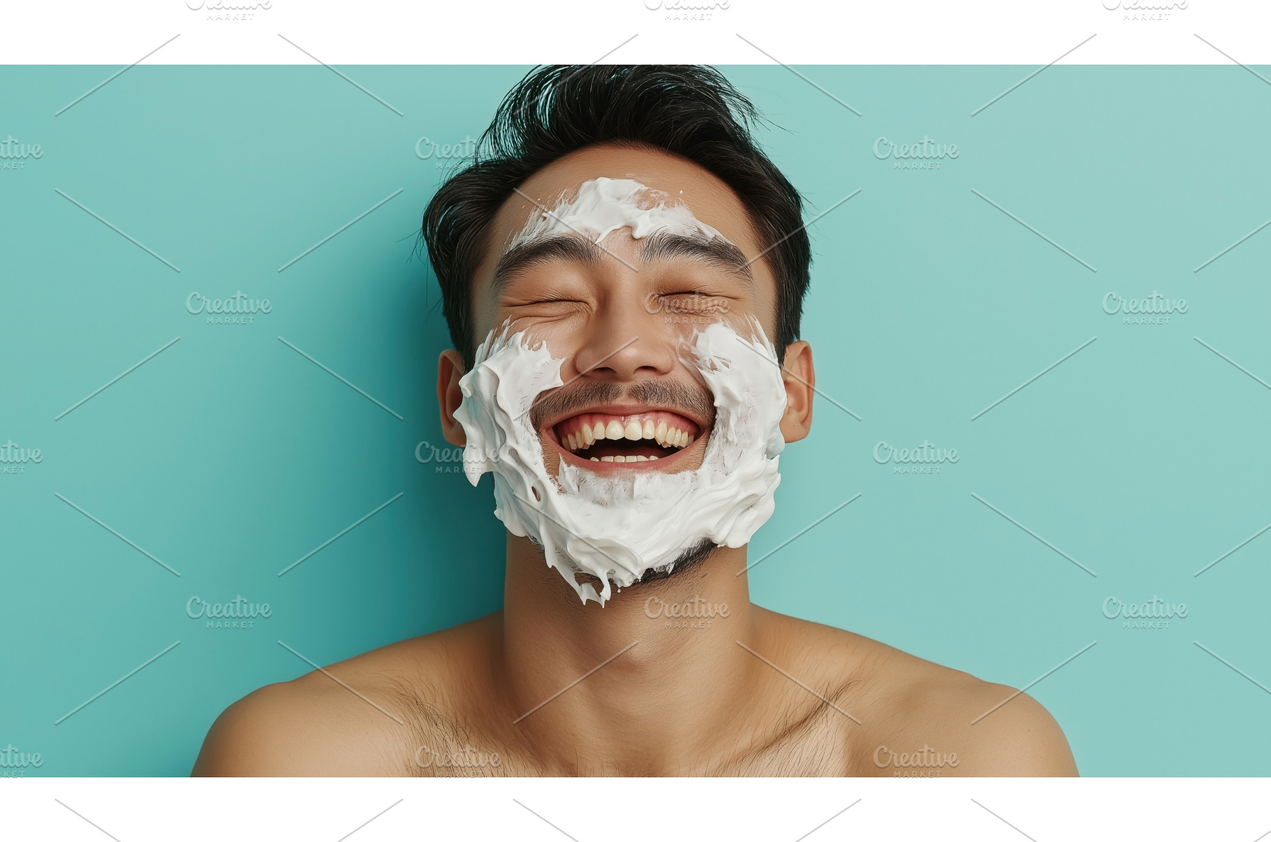 Asian man with shaving cream on his, a Person Photo by Sergey Kotenev