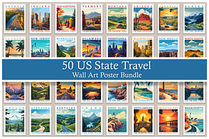 50 US State Travel Poster Bundle