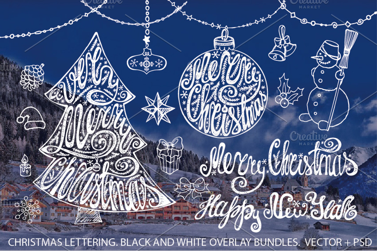 Merry Christmas tree lettering set