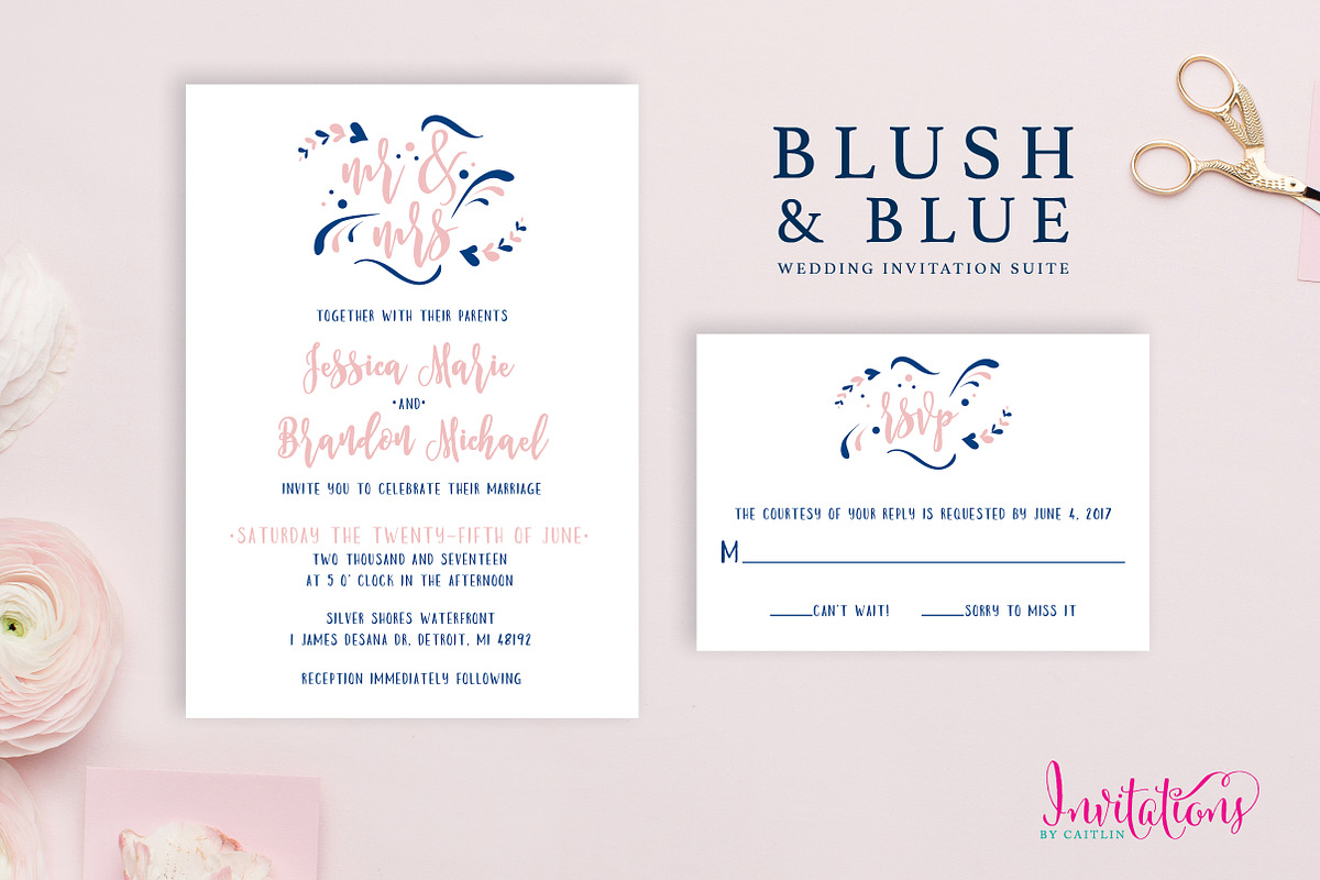 Blush & Blue Wedding Invitation Set, an Invitation Template by Invitations by Caitlin (Photo 1 of 3)