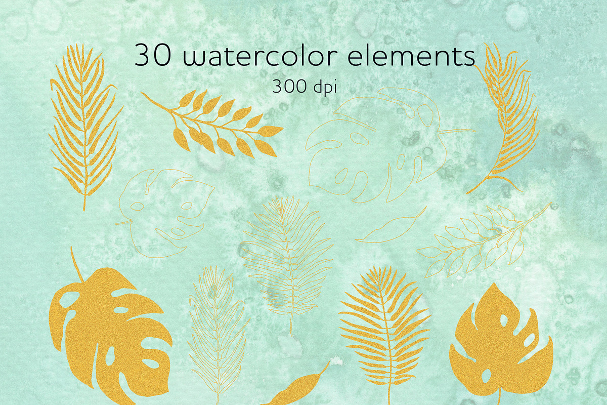 Green and gold leaves clipart, a Decorative Illustration by AnastasiaWatercolor (Photo 4 of 6)