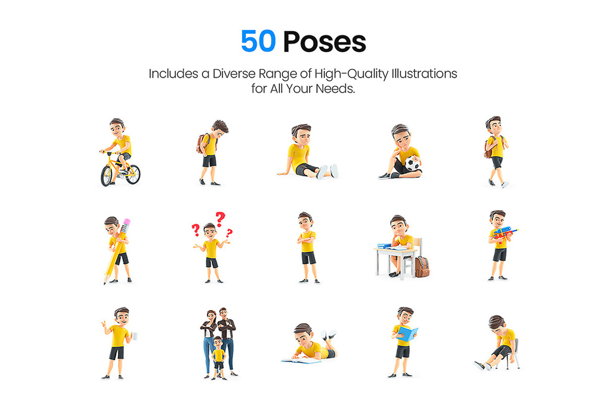 Cartoon Boy – Set of 50 Poses, a Person Illustration by 3DMask (Photo 3 of 6)