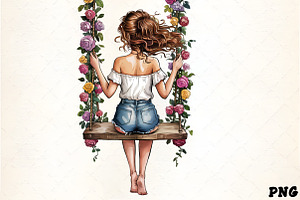 Girl on swing with roses summer fash, an Illustration by CrexoraLab