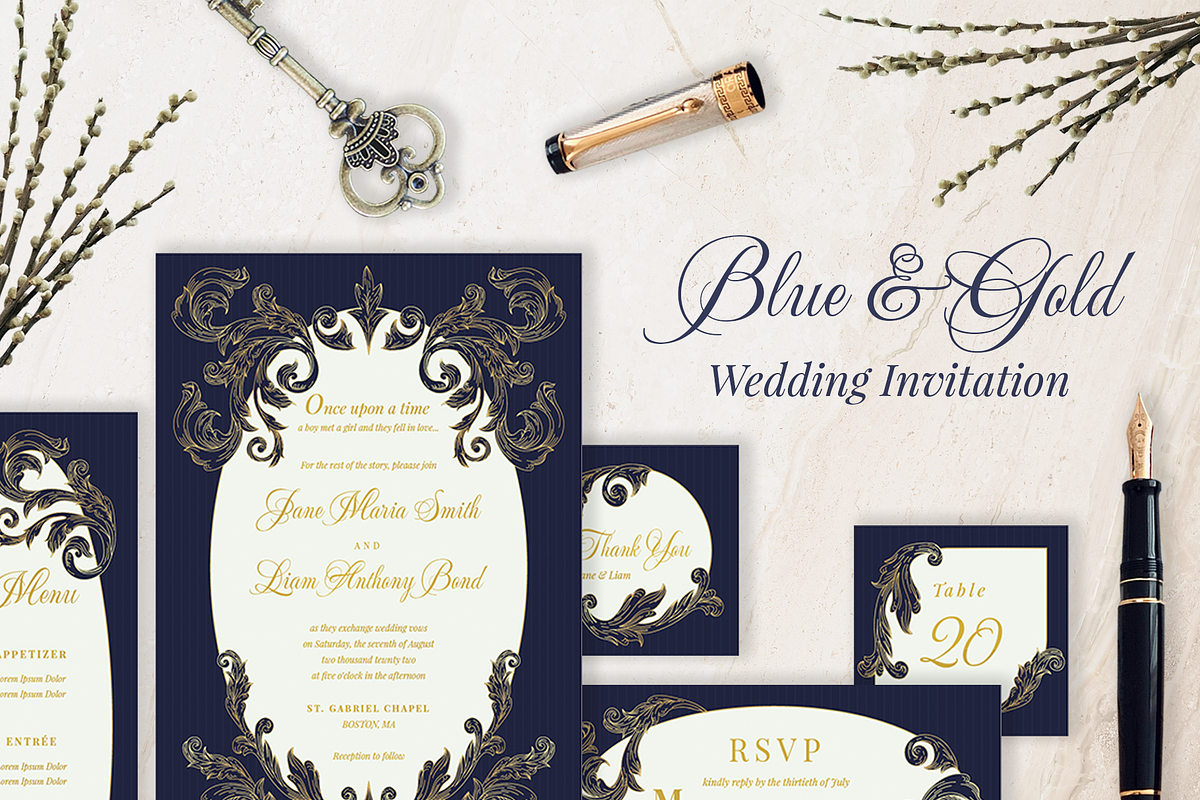 Blue & Gold Elegant Wedding Inv, an Invitation Template by Lyllopop (Photo 1 of 4)