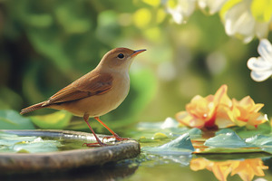 Common Nightingale perched by a pond, a Photo by Pavel_design