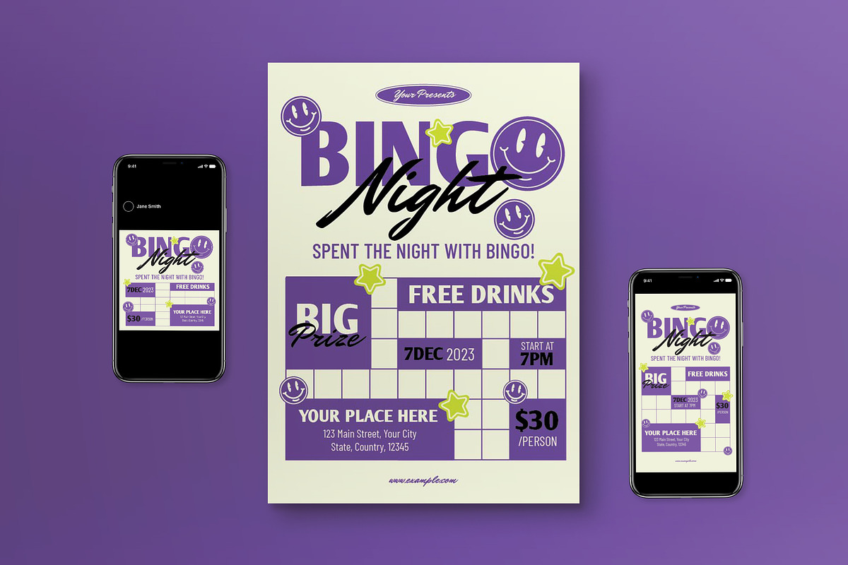 Purple Retro Bingo Night Flyer Set, a Flyer Template by graphicook (Photo 1 of 3)