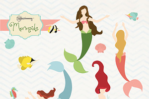 Mermaids Clipart Set, an Illustration by Verdigris Studios