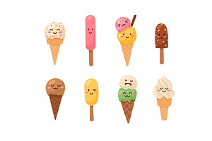Ice cream with funny cartoon faces, a Food Illustration by Sabelskaya