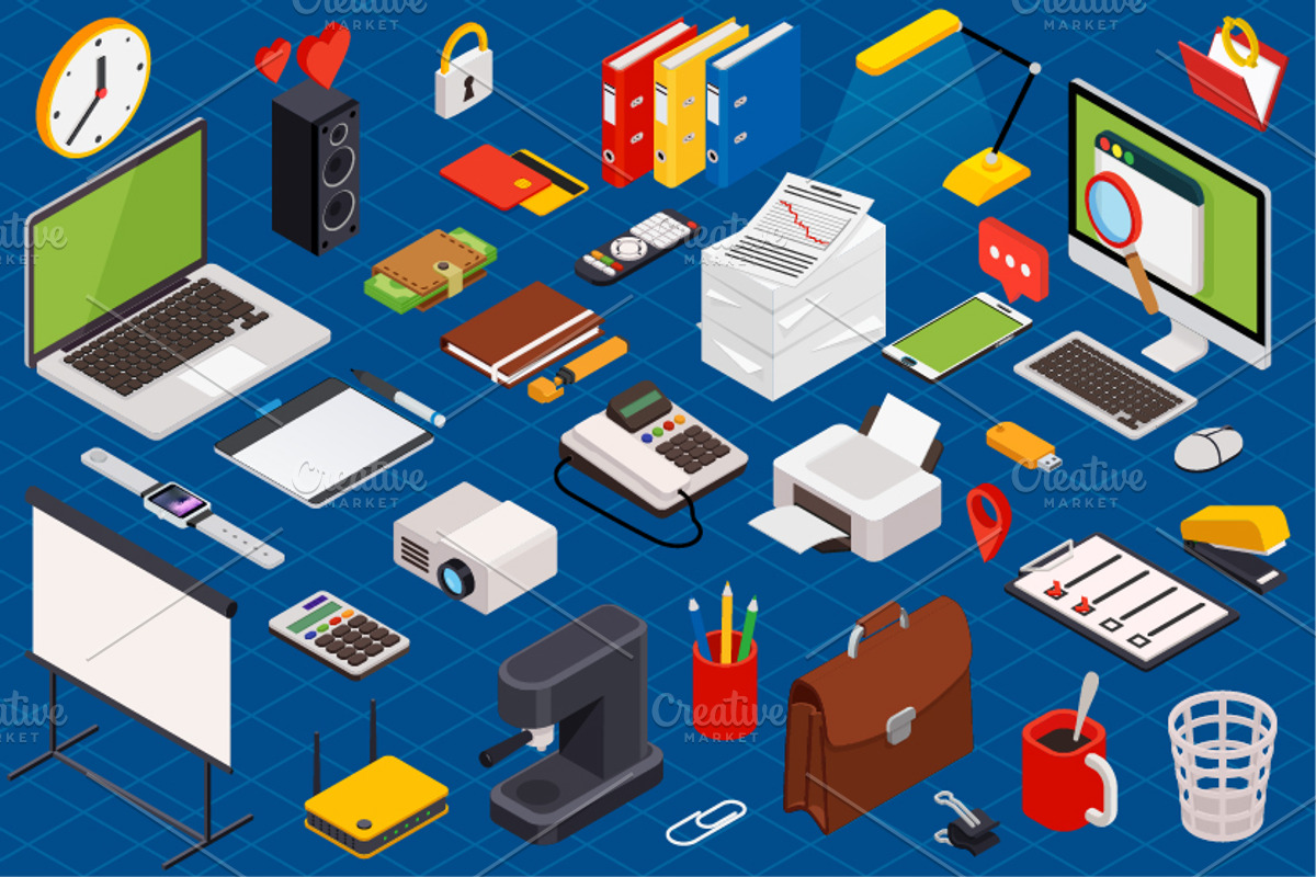Isometric computerized workspace, a Technology Illustration by NKuvshinov