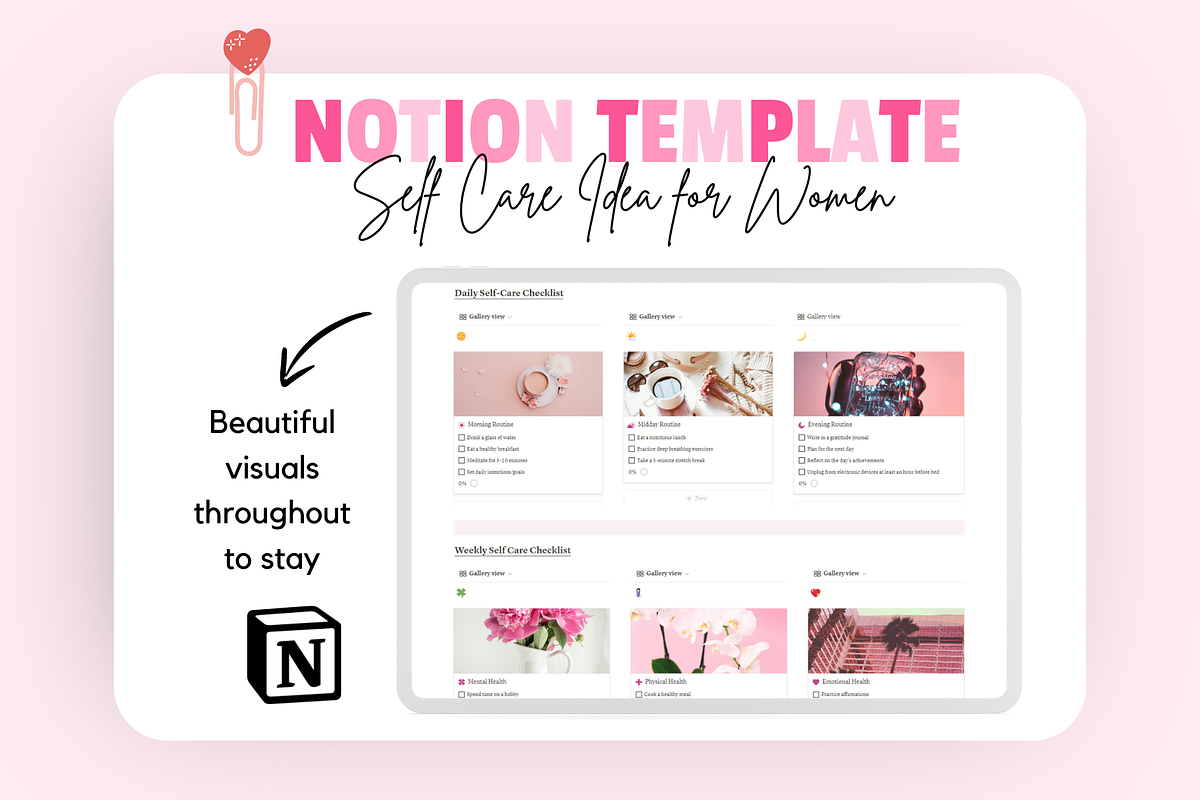 Notion Self Care Ideas for Women, a Templates & Theme by bellaROSEworkshop (Photo 3 of 11)